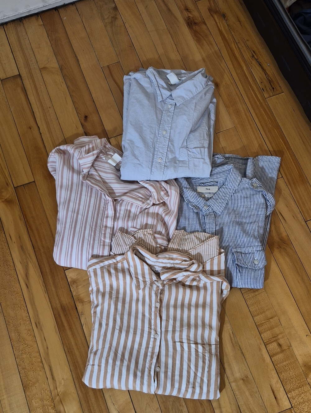 TNA Women's Light Blue and Neutral Striped Button-Down Tops